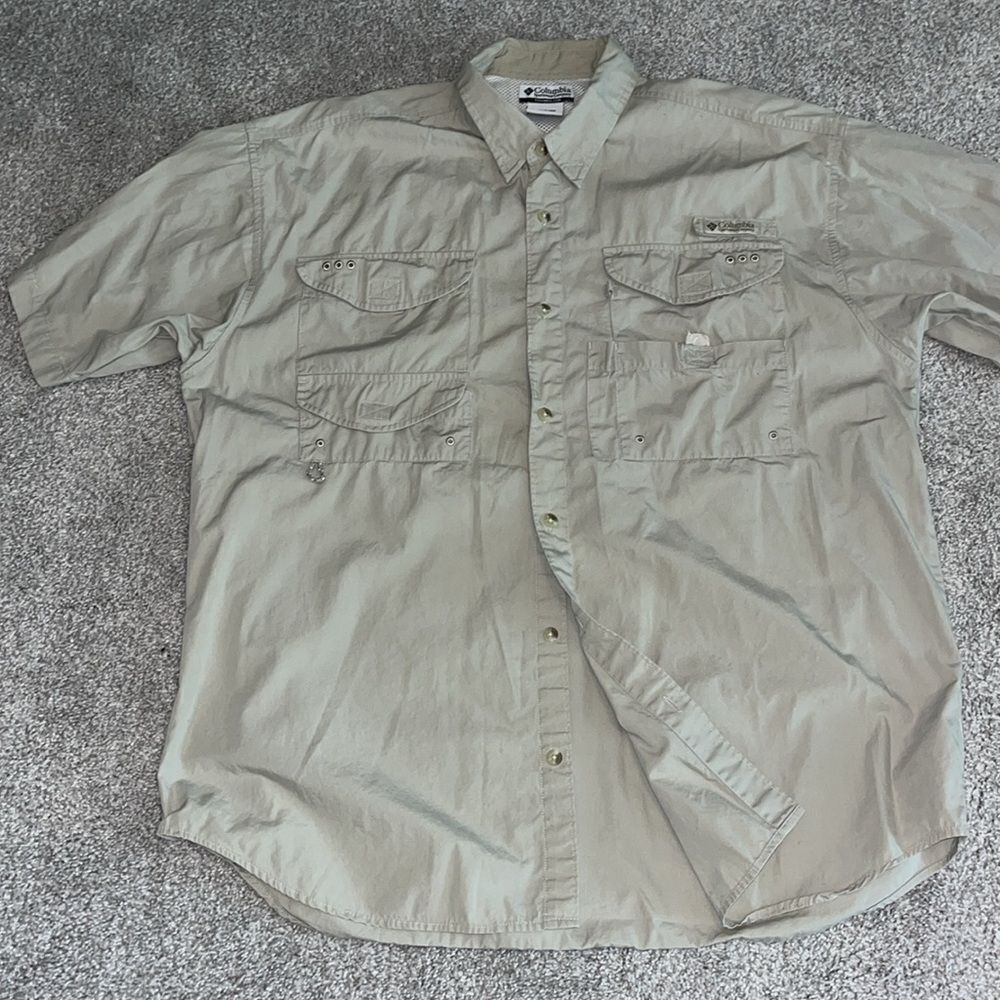 PFG Performance Fly Fishing Bonehead SS Tan beige Shirt L mega pocket Mens